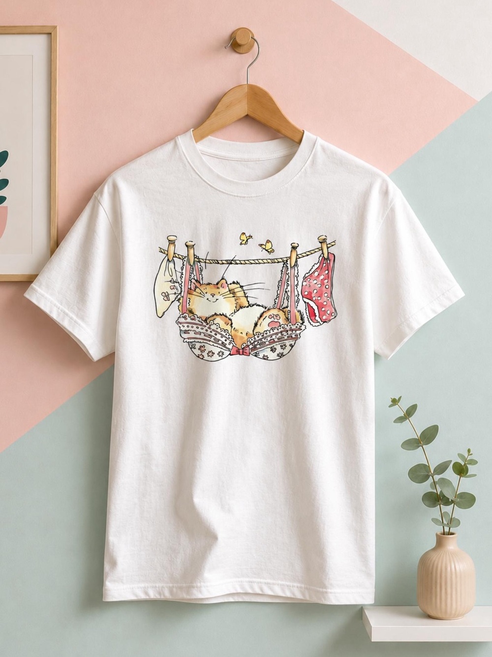Funny Cat Lingerie Graphic T-Shirt, Cute Whimsical Laundry Line Tee